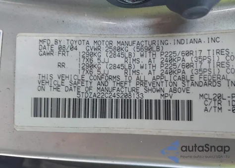 2004 Toyota Sienna Xle Limited z USA, uszkodzony, nr VIN 5TDZA22C24S208133